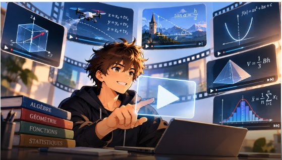 Un élève lance une vidéo parmi des écrans d’animations de mathématiques